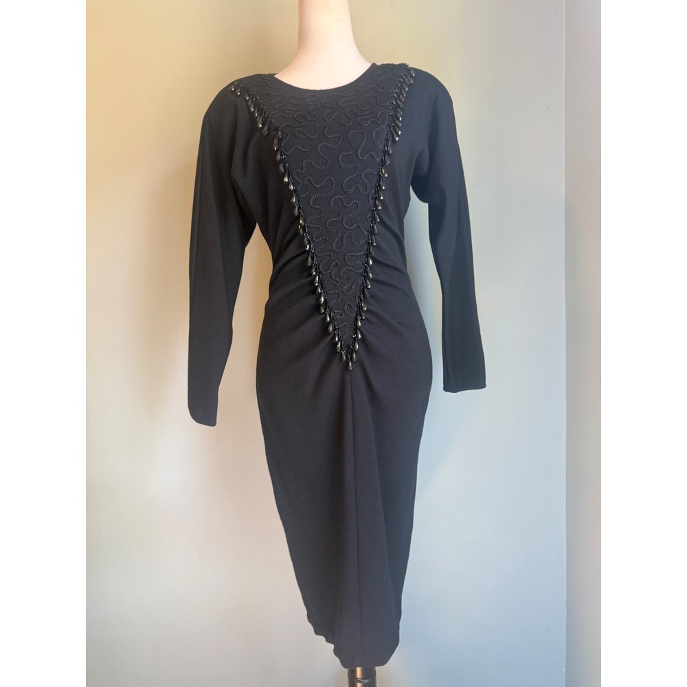 Andrea Jovine Vintage Black Wool Beaded Midi Dress boho whimsi goth dainty y2k s - Picture 3 of 7